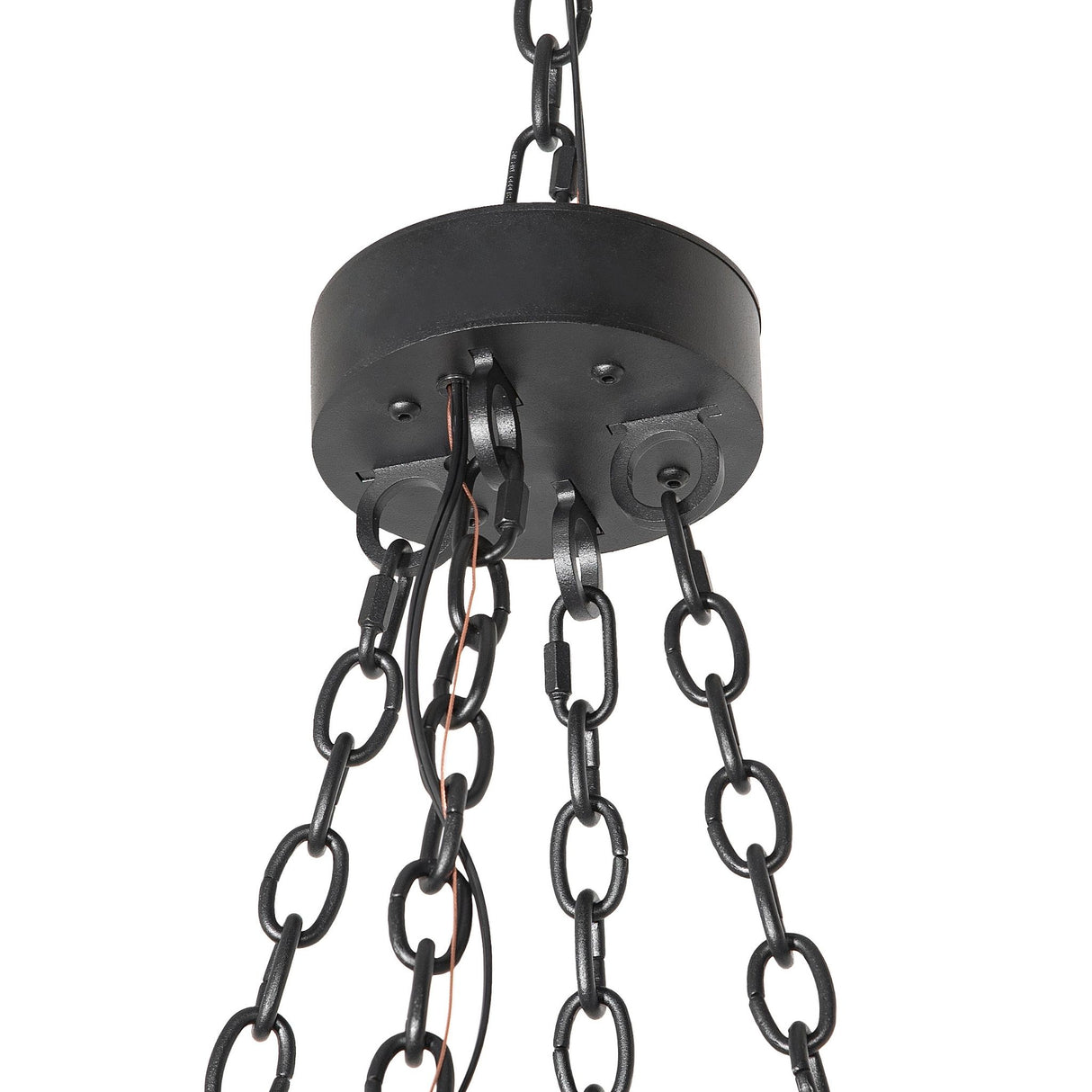 Closeup of Loxley chandelier chain and ceiling canopy hardware.