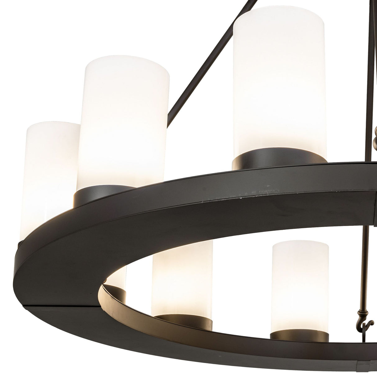 Close-up of oil rubbed bronze frame and mounting details on the Loxley chandelier.