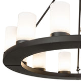 Close-up of oil rubbed bronze frame and mounting details on the Loxley chandelier.