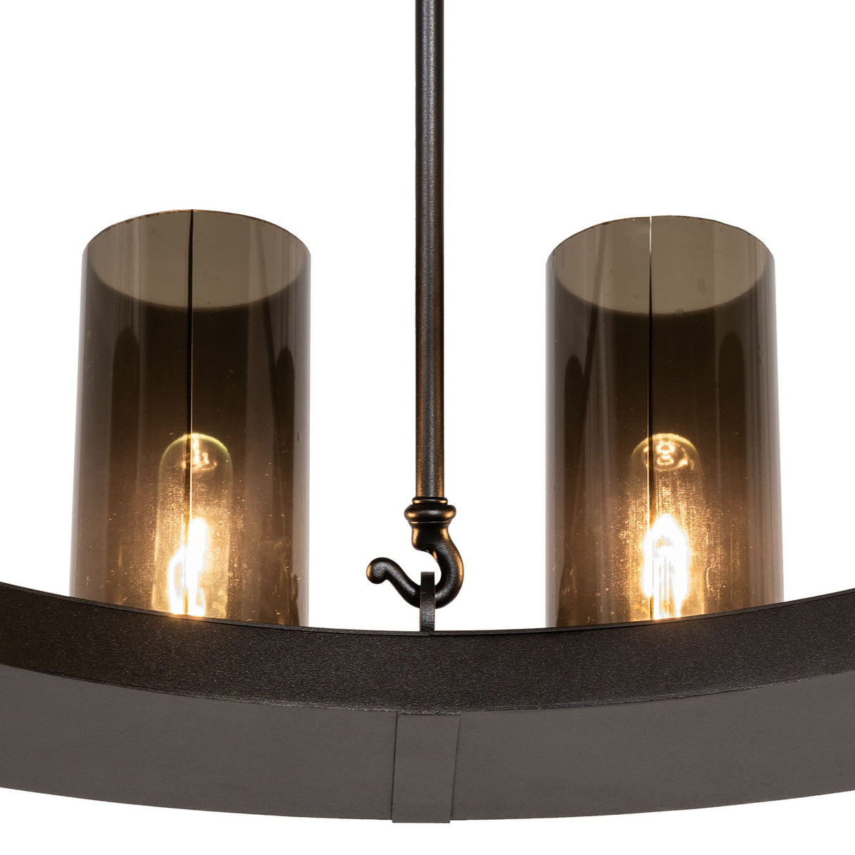 Detail view of textured black frame and rod hardware on chandelier.