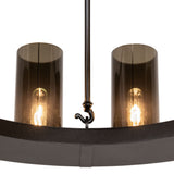 Detail view of textured black frame and rod hardware on chandelier.