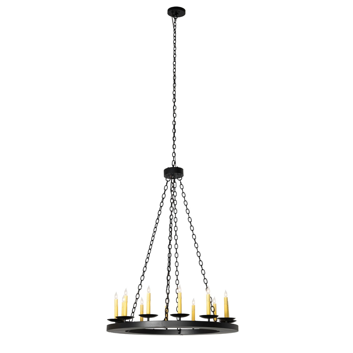Full view of 12-light chandelier with circular frame and chains.