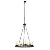 Full view of 12-light chandelier with circular frame and chains.