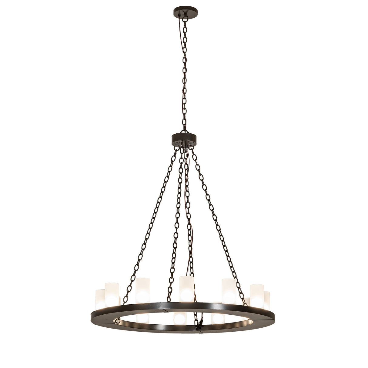 Loxley 12 light chandelier with frosted glass cylinders in timeless bronze finish.