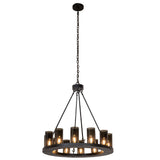 Full view of 12 light chandelier with grey smoke glass cylinders and textured black finish.