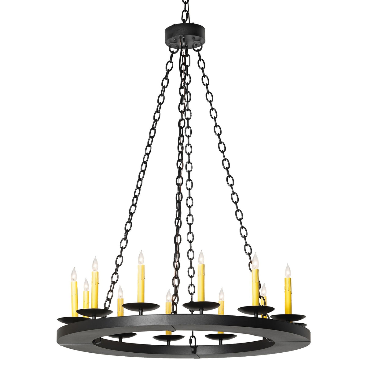 Lit view of chandelier with 12 ivory faux candlelights, circular frame and suspension.