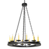 Lit view of chandelier with 12 ivory faux candlelights, circular frame and suspension.