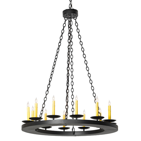 Lit view of chandelier with 12 ivory faux candlelights, circular frame and suspension.