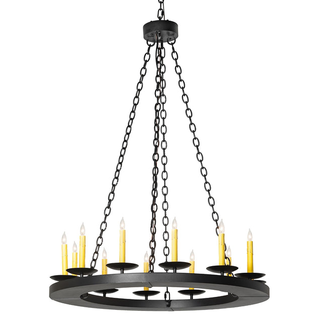 Lit view of chandelier with 12 ivory faux candlelights, circular frame and suspension.