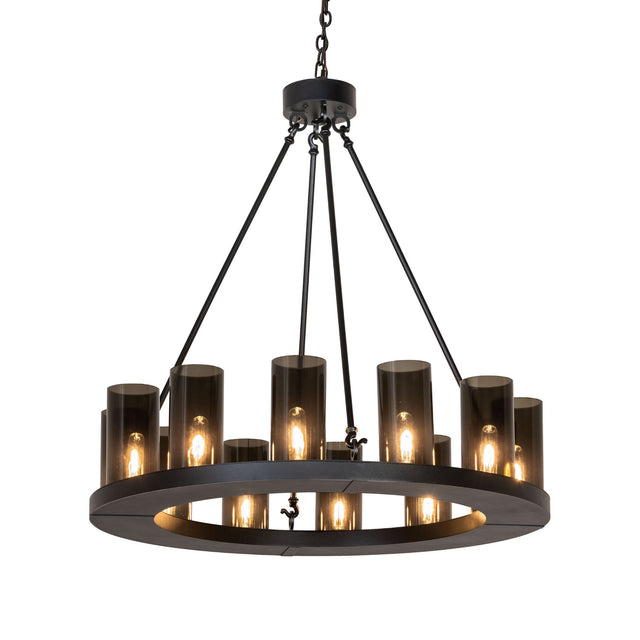 Lit view of Loxley 12 light chandelier with grey smoke glass cylinders.