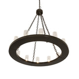 Bottom angle view of lit Loxley chandelier ring design.