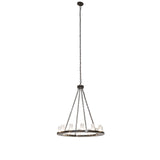 Full hanging view of lit Loxley 12-light chandelier.