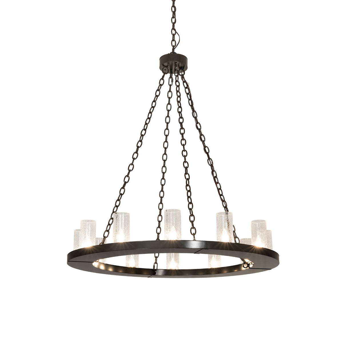Lit view of Loxley 12-light chandelier with seeded glass and bronze ring.