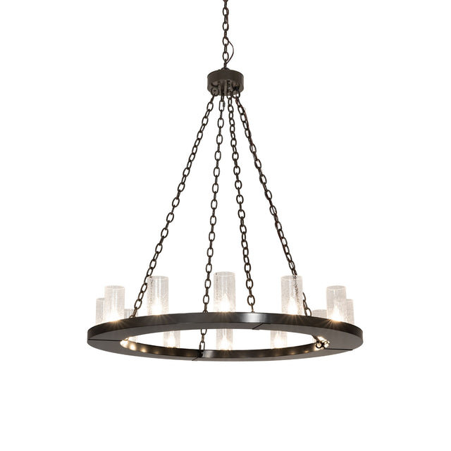 Lit view of Loxley 12-light chandelier with seeded glass and bronze ring.