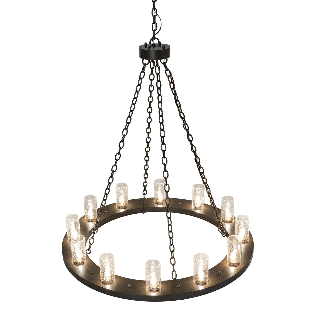 Top angle view of Loxley chandelier with circular bronze frame and shades.