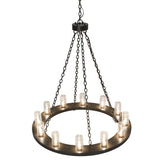Top angle view of Loxley chandelier with circular bronze frame and shades.