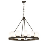 Lit view of the chandelier with cylindrical glass shades and oil rubbed bronze ring.
