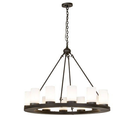 Lit view of the chandelier with cylindrical glass shades and oil rubbed bronze ring.