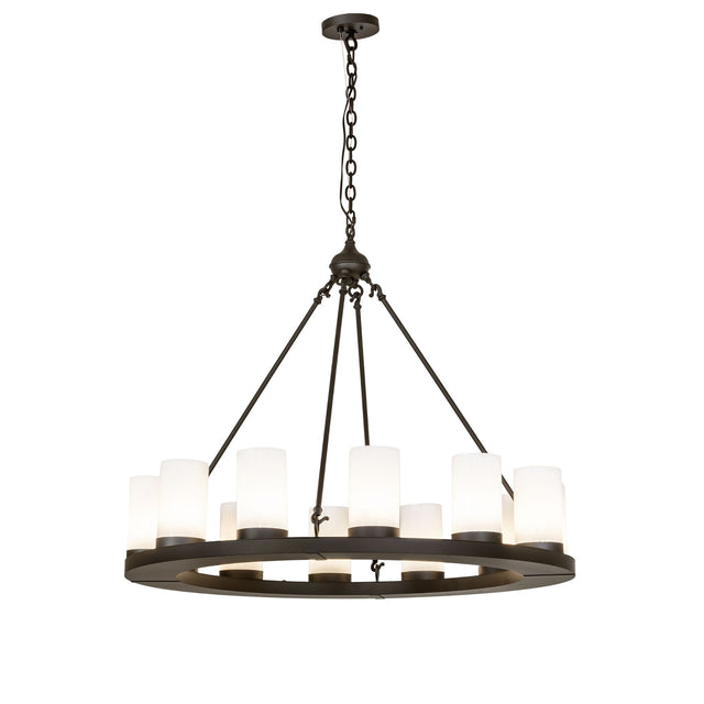 Lit view of the chandelier with cylindrical glass shades and oil rubbed bronze ring.