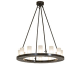 Lit view of the chandelier, featuring glass cylinder shades and circular metal frame.
