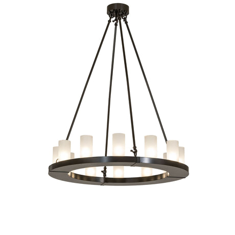 Lit view of the chandelier, featuring glass cylinder shades and circular metal frame.