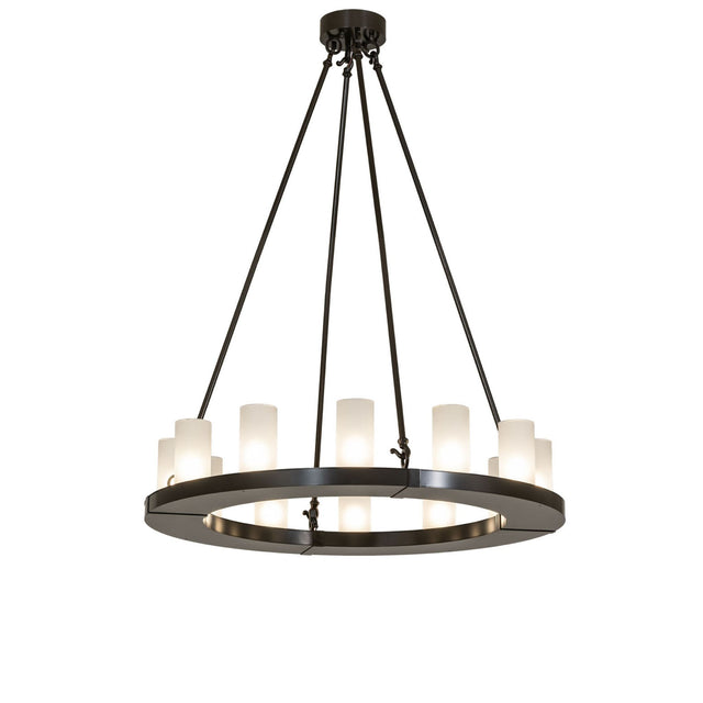 Lit view of the chandelier, featuring glass cylinder shades and circular metal frame.