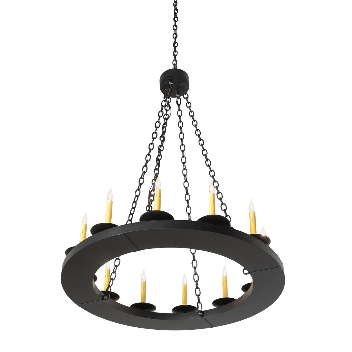 Lower angle view of chandelier showcasing underside ring structure.