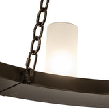 Close-up of chain connection and glass shade on chandelier ring frame.