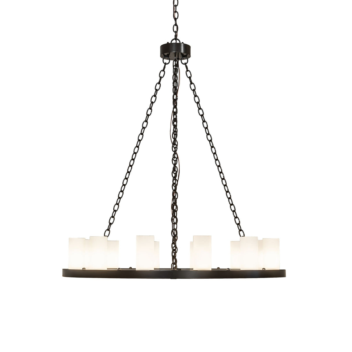 Side view of 12 light ring chandelier showing slim circular frame.