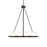 Side view of 12 light ring chandelier showing slim circular frame.