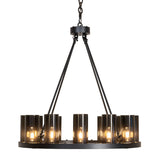 Side view of Loxley 12 light chandelier with suspended rod supports.