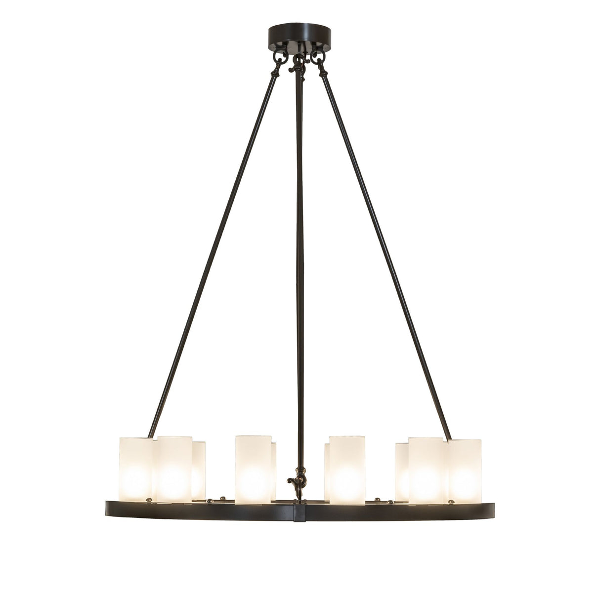 Side profile of the chandelier showing slim metal ring and vertical suspension rods.