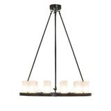 Side profile of the chandelier showing slim metal ring and vertical suspension rods.