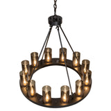 Top angle view of Loxley 12 light chandelier showing glass cylinders on circular frame.