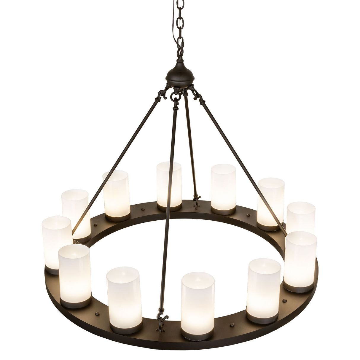 Top angle view of the chandelier highlighting suspension rods and ring construction.