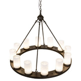 Top angle view of the chandelier highlighting suspension rods and ring construction.