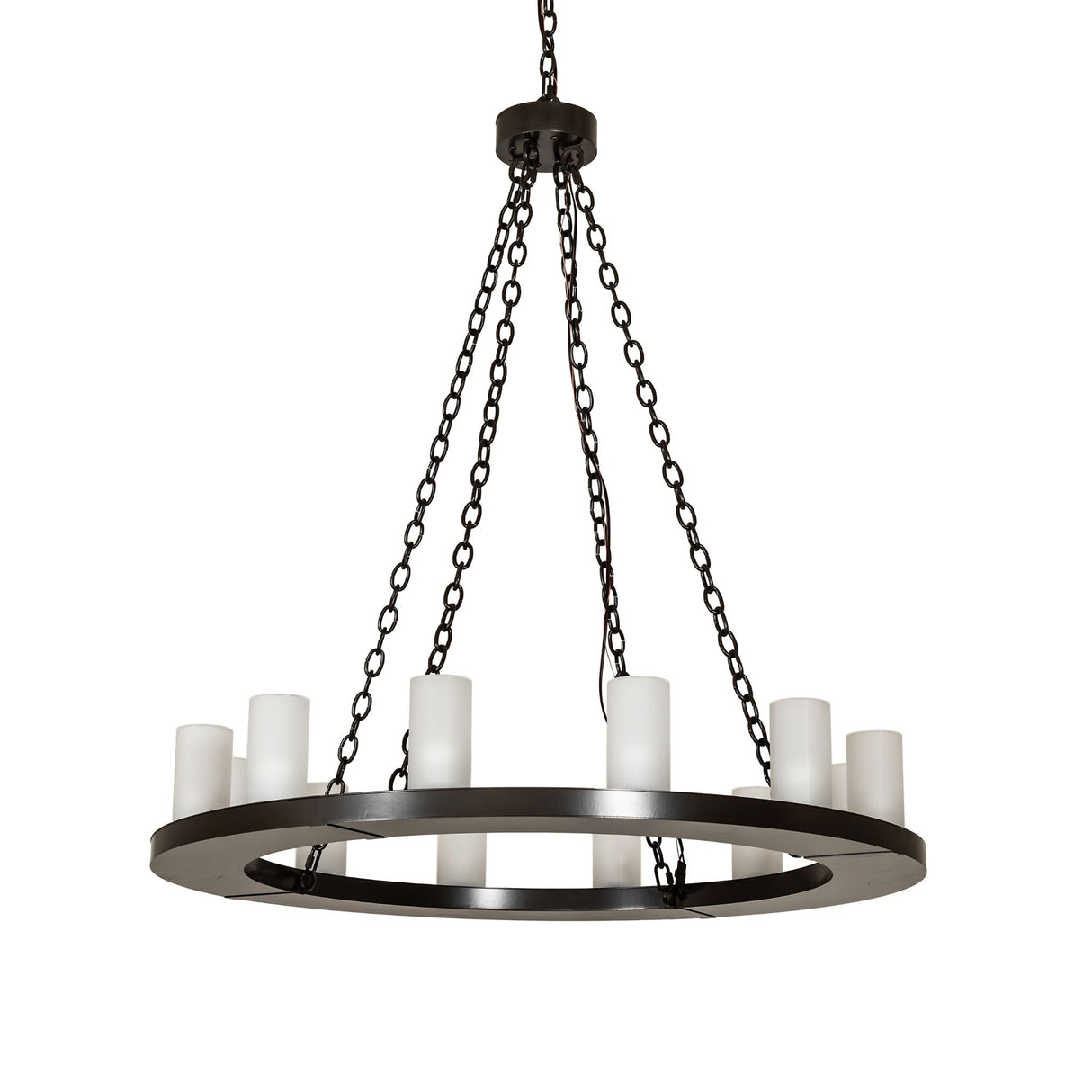 Unlit view of 12 light circular chandelier with frosted glass cylinders.