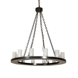 Unlit view of 12 light circular chandelier with frosted glass cylinders.