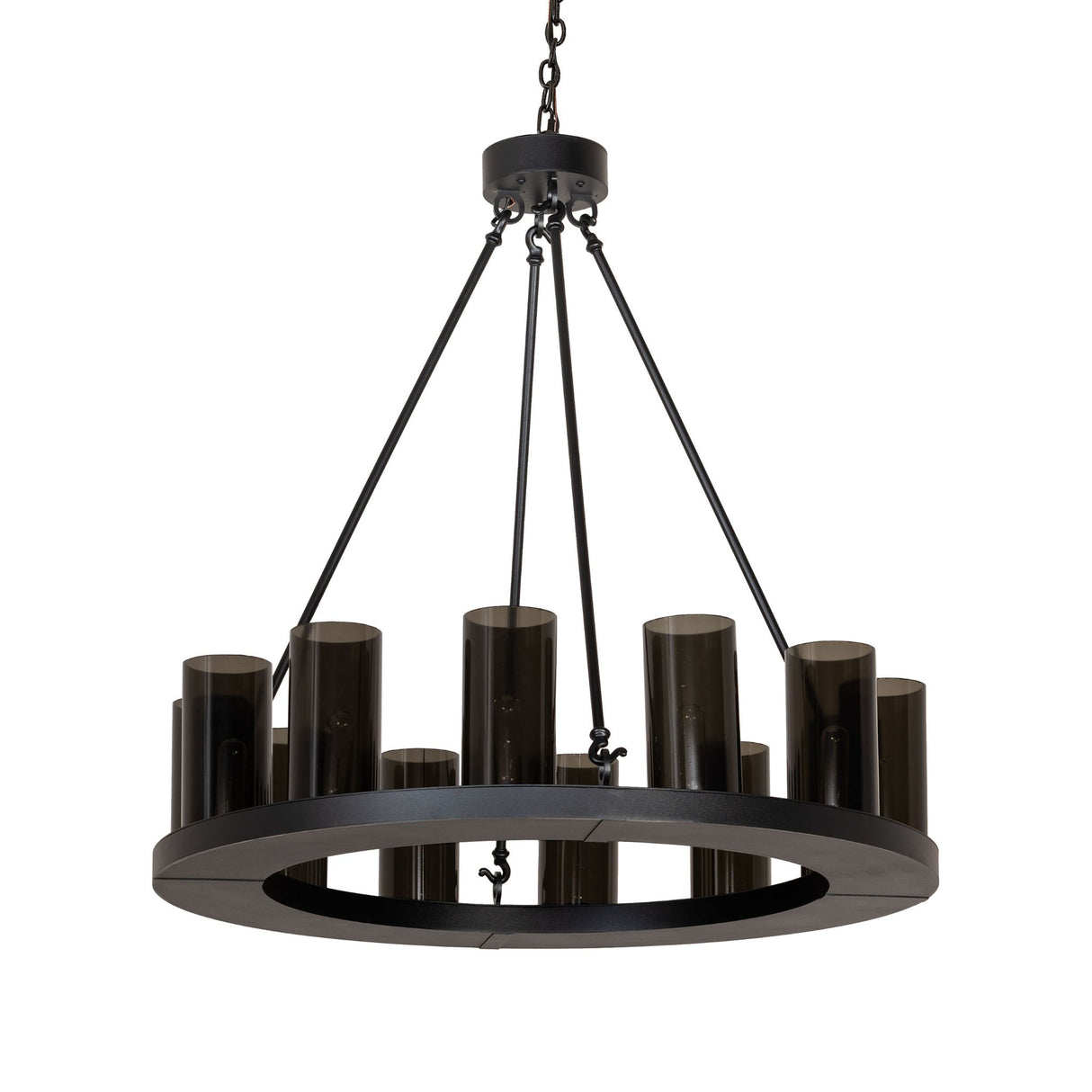 Loxley 12 light chandelier unlit view, showing grey smoke glass cylinders.
