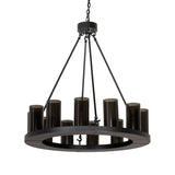 Loxley 12 light chandelier unlit view, showing grey smoke glass cylinders.