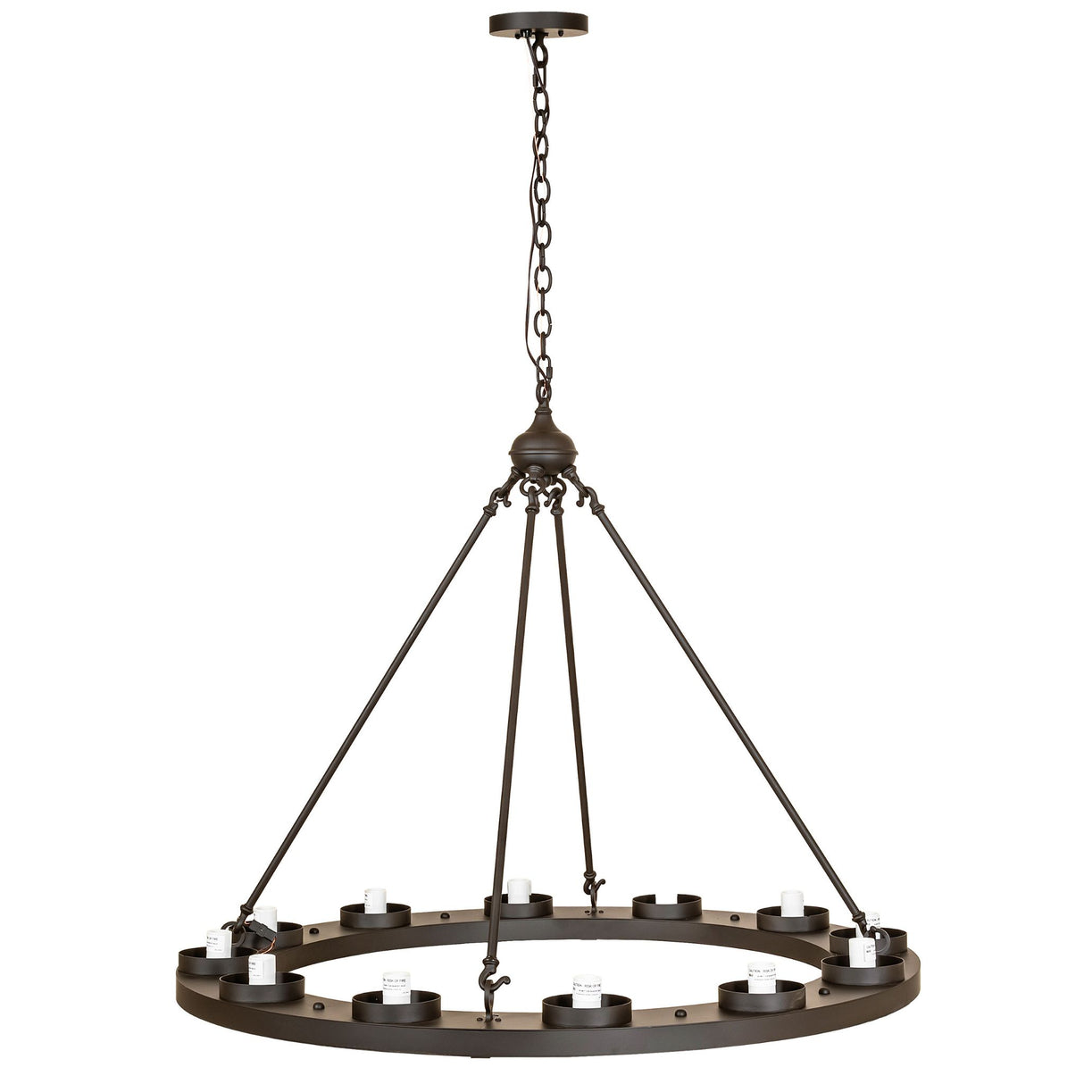 Full view of chandelier showing circular frame, exposed sockets, and suspension rods.