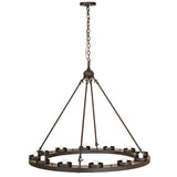 Full view of chandelier showing circular frame, exposed sockets, and suspension rods.