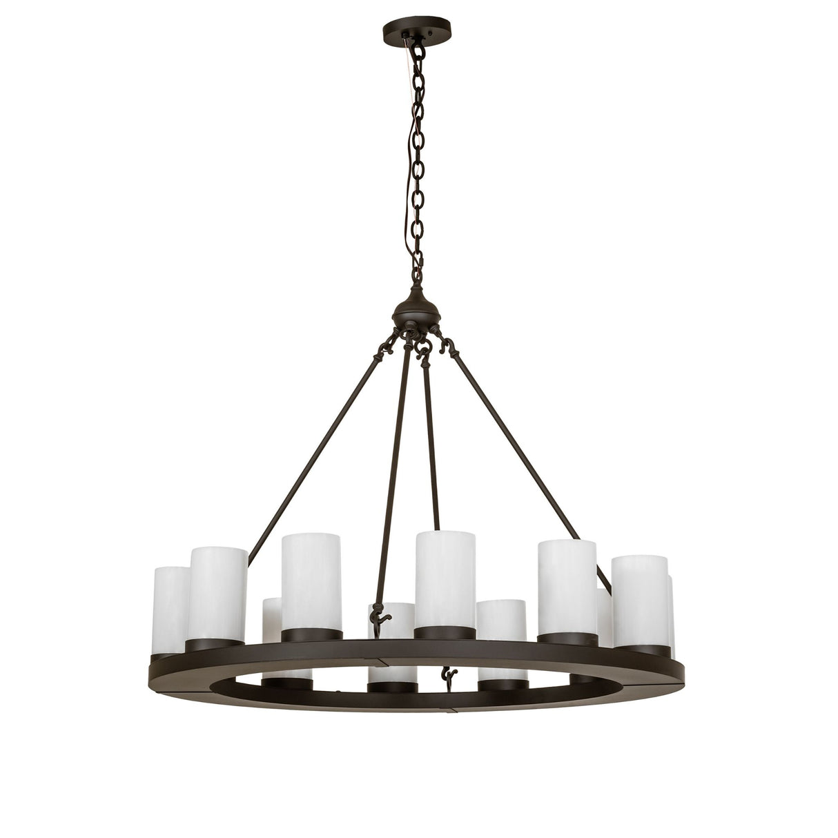 Unlit view of 12-light chandelier highlighting the circular frame and glass cylinder shades.