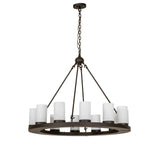Unlit view of 12-light chandelier highlighting the circular frame and glass cylinder shades.