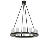 Unlit view of chandelier with frosted glass cylinder shades arranged on a metal ring.