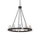 Unlit view of 12-light chandelier with seeded glass cylinders.