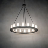 Loxley 16 light chandelier illuminated in an ambient room setting.