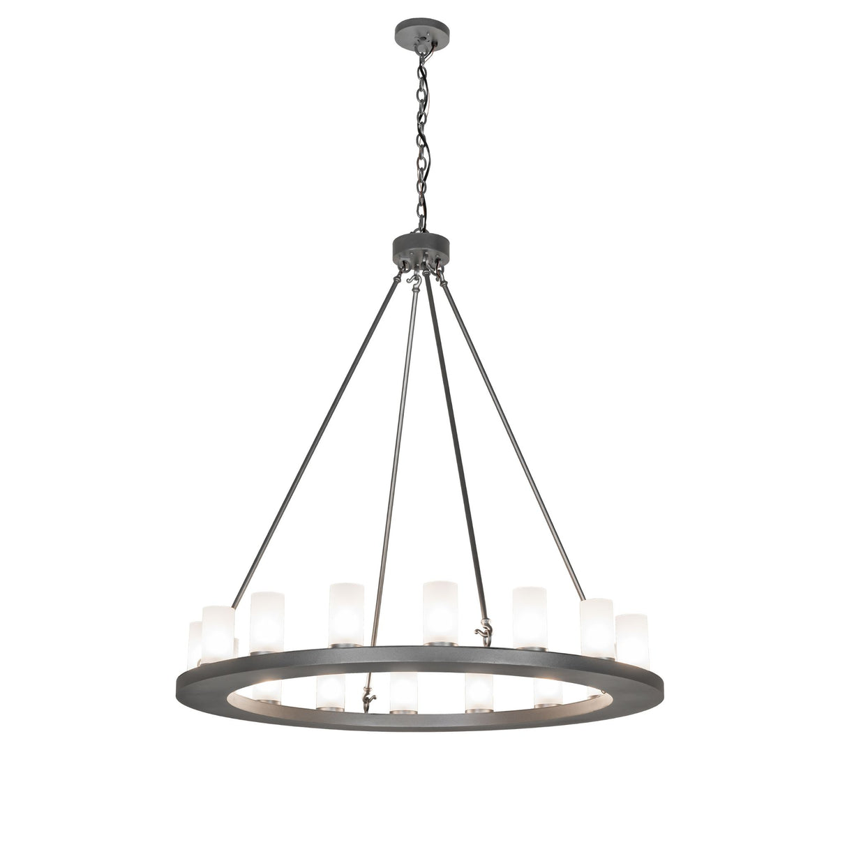 Lit view of the 16 light chandelier with frosted glass cylinders.