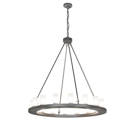 Lit view of the 16 light chandelier with frosted glass cylinders.