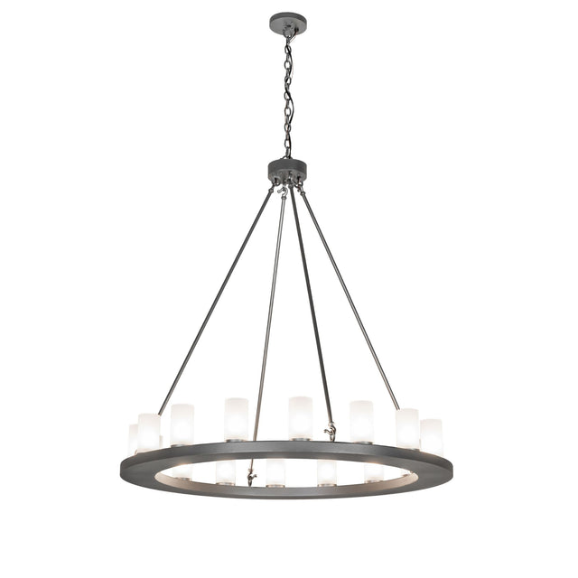 Lit view of the 16 light chandelier with frosted glass cylinders.